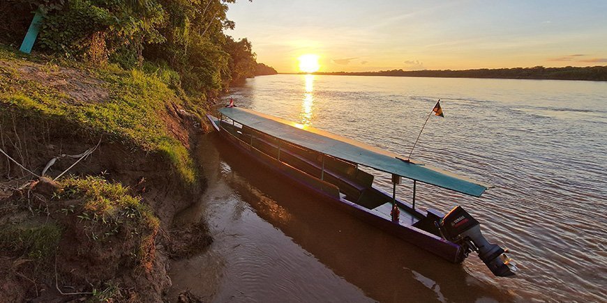 Båd på flod i Amazonas-regnskoven