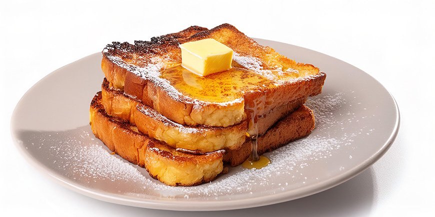 french toast på tallerken med smør og sukker på toppen